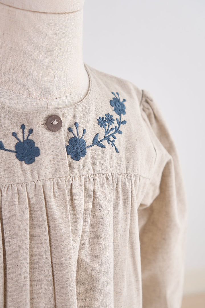 Gray Floral Embroidery Linen Girl Dress