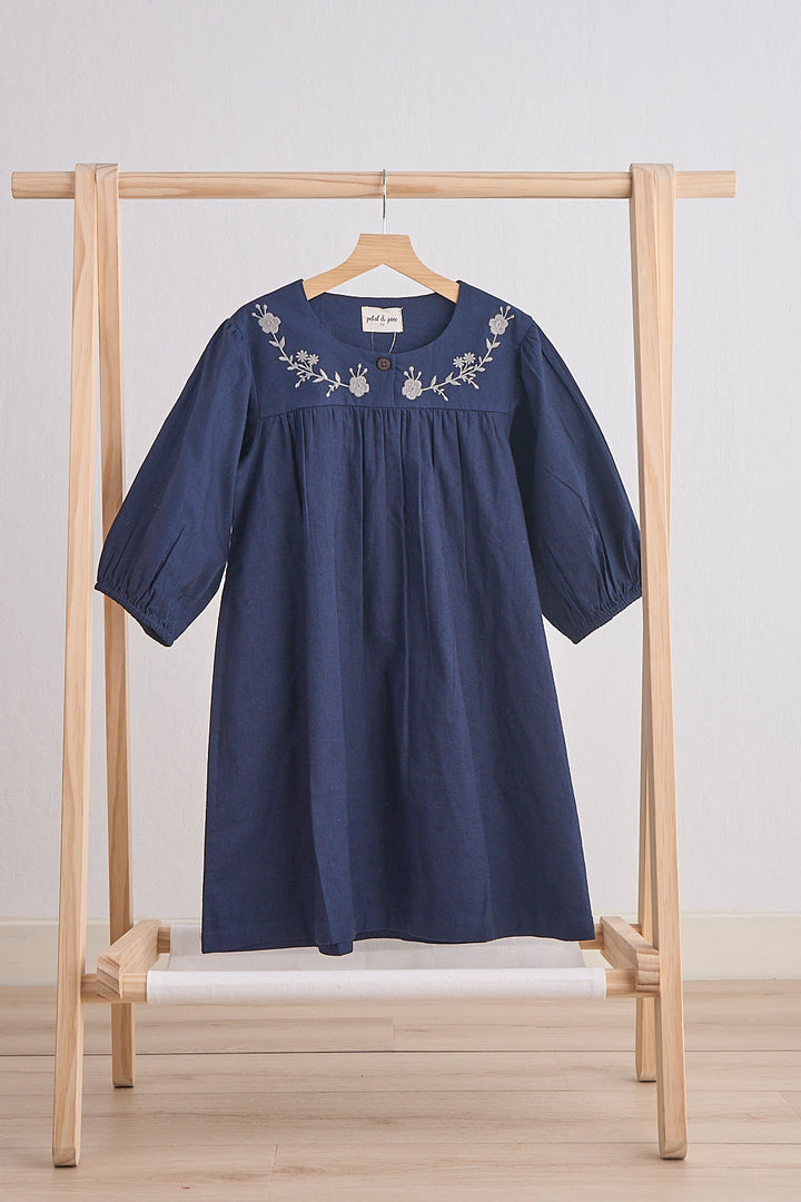 Navy Floral Embroidery Linen Girl Dress