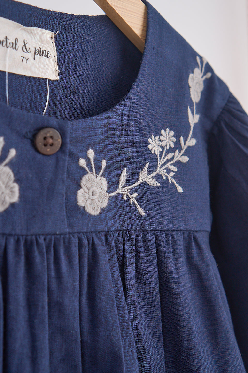 Navy Floral Embroidery Linen Girl Dress