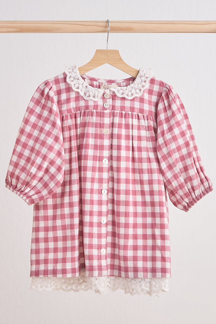 Pink Gingham Flannel Lace  Dress