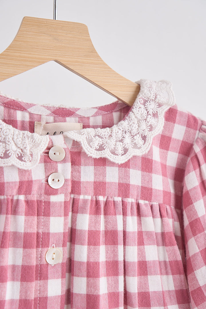 Pink Gingham Flannel Lace  Dress