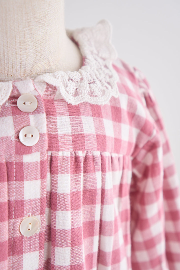 Pink Gingham Flannel Lace  Dress