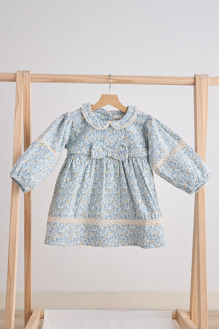 Blue Floral Corduroy Lace Dress