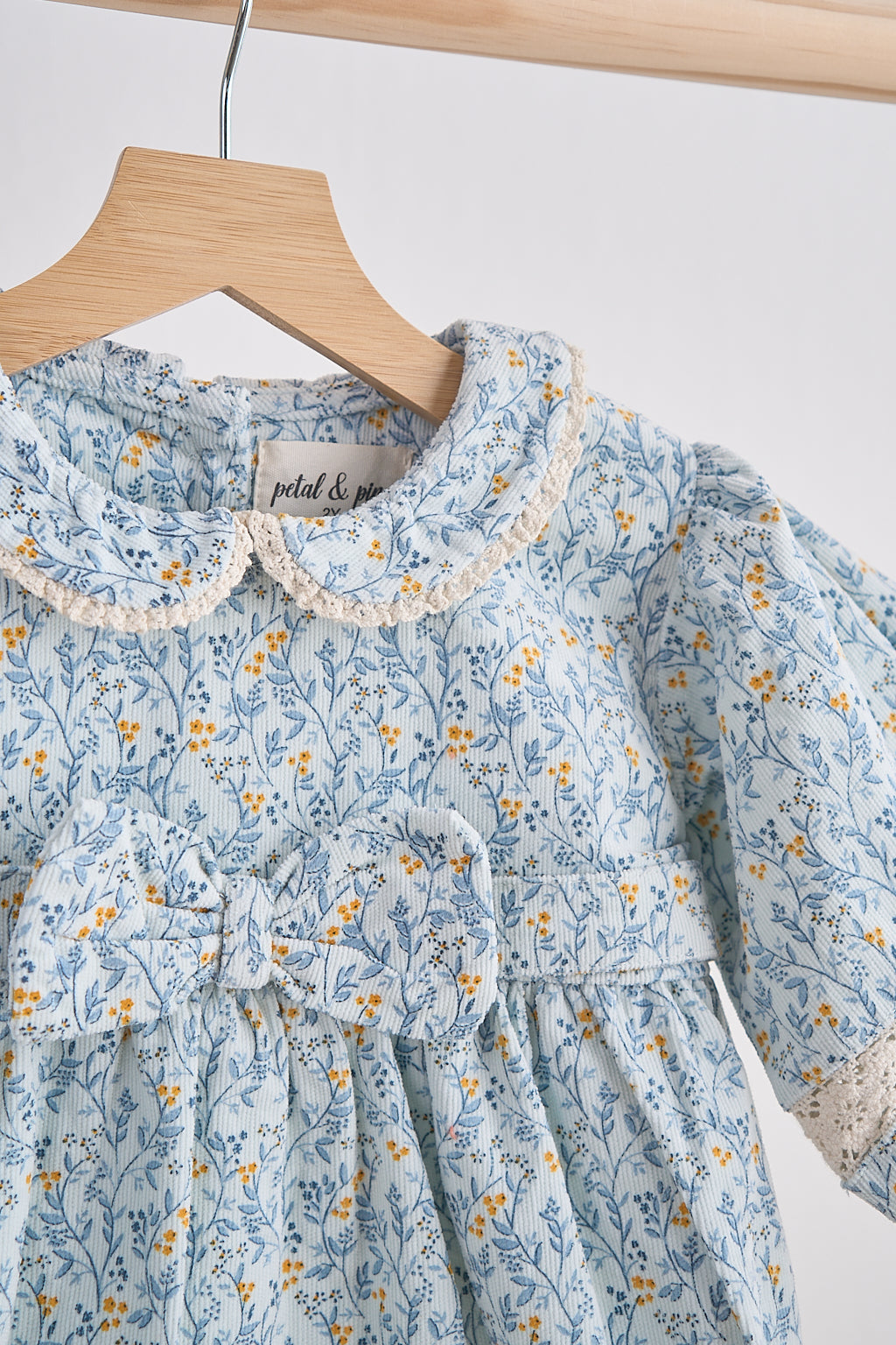 Blue Floral Corduroy Lace Dress