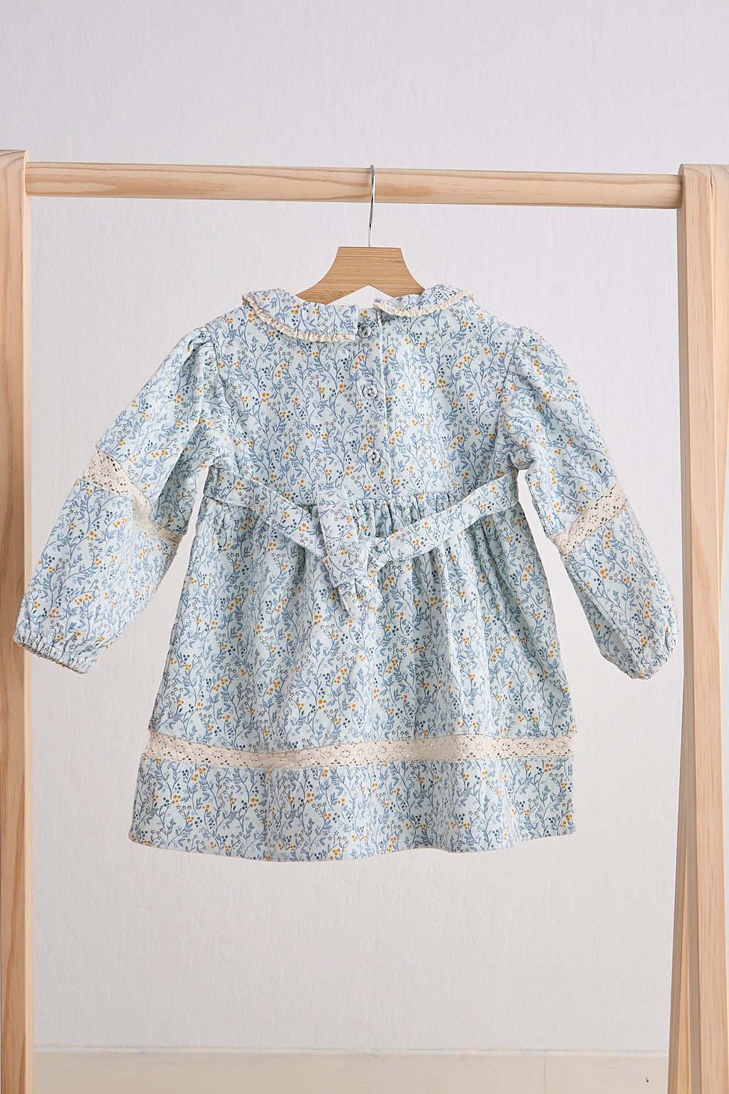 Blue Floral Corduroy Lace Dress