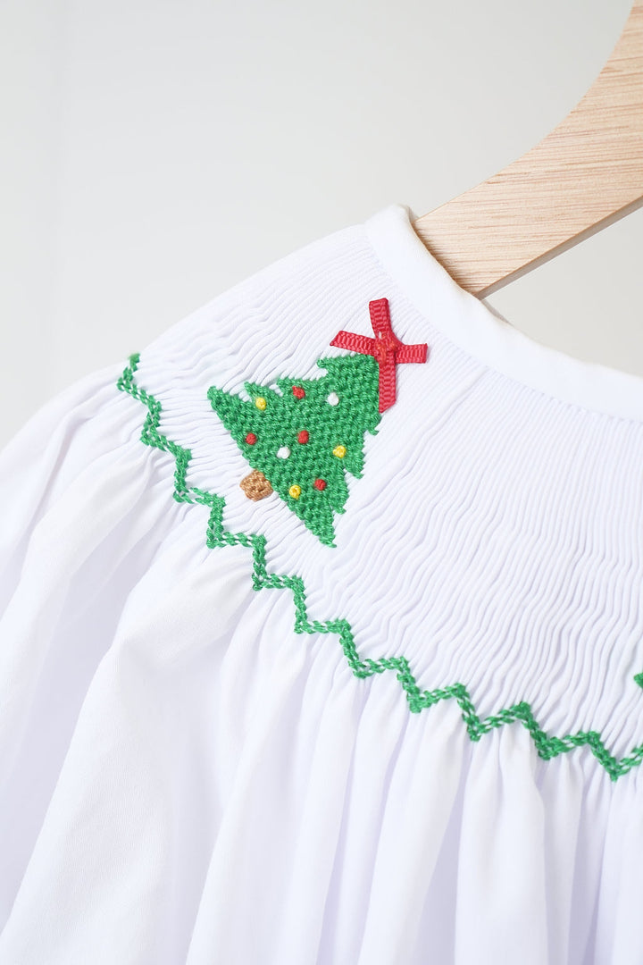 White Christmas Tree Hand Smocked Dress