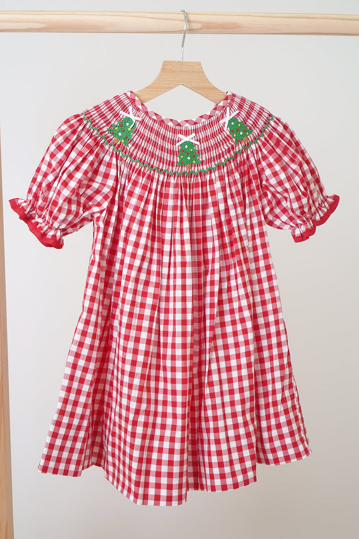 Red Christmas Tree Hand Smocked Gingham Dress