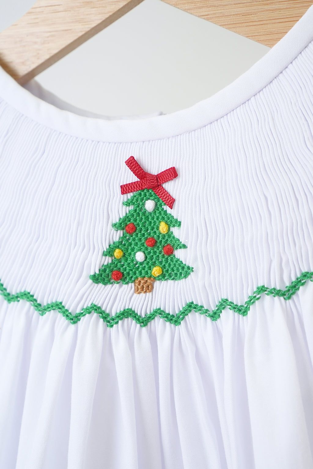 White Chrismtas Tree Hand Smocked Girl Romper