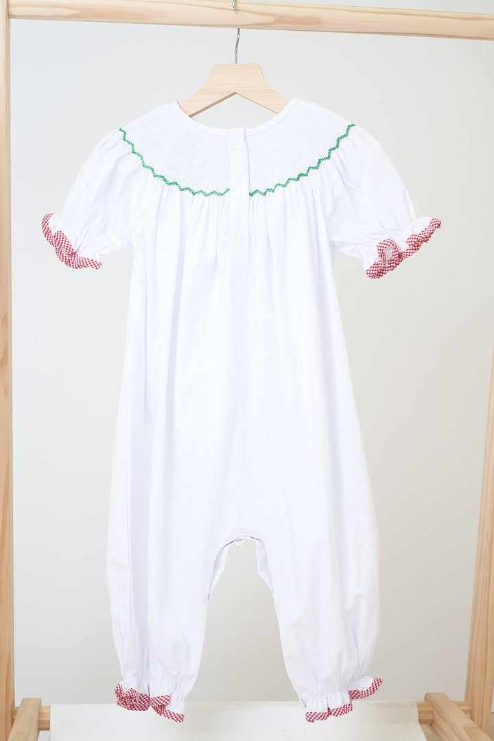 White Chrismtas Tree Hand Smocked Girl Romper