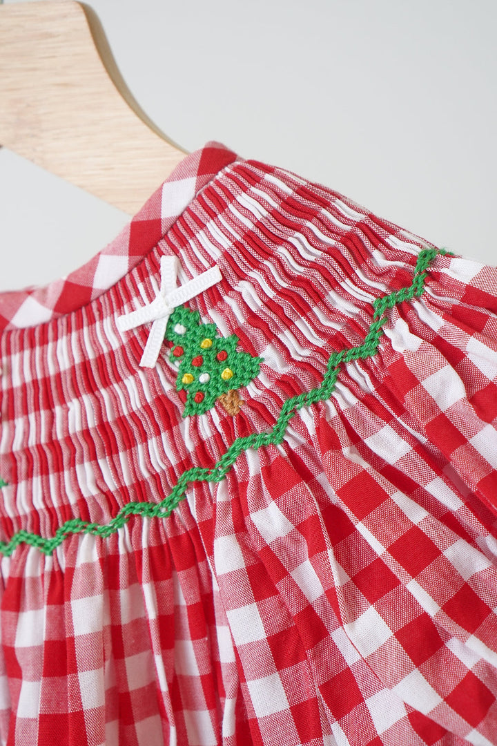 Red Christmas Tree Hand Smocked Gingham Romper