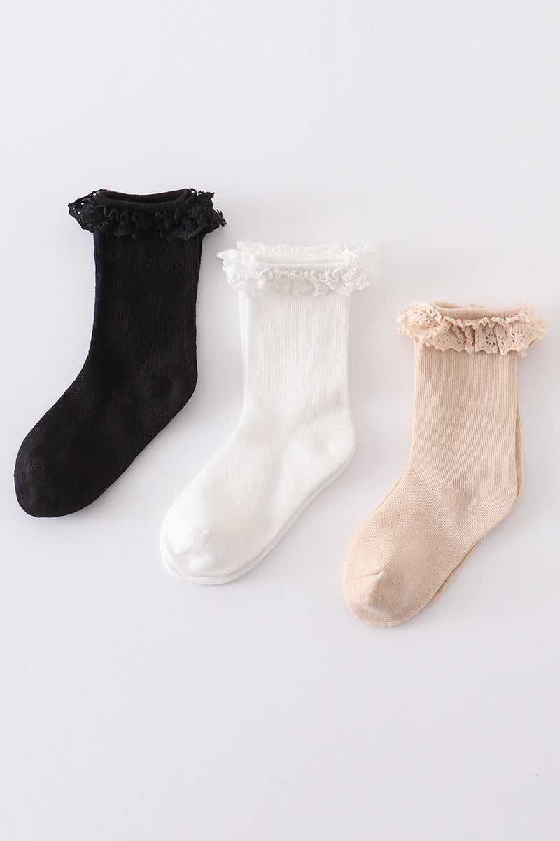 Beige Knit Lace Girls Socks