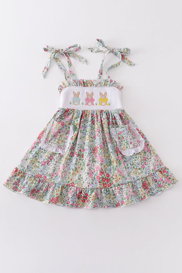 Easter Floral Print Bunny Embroidery Girl Dress