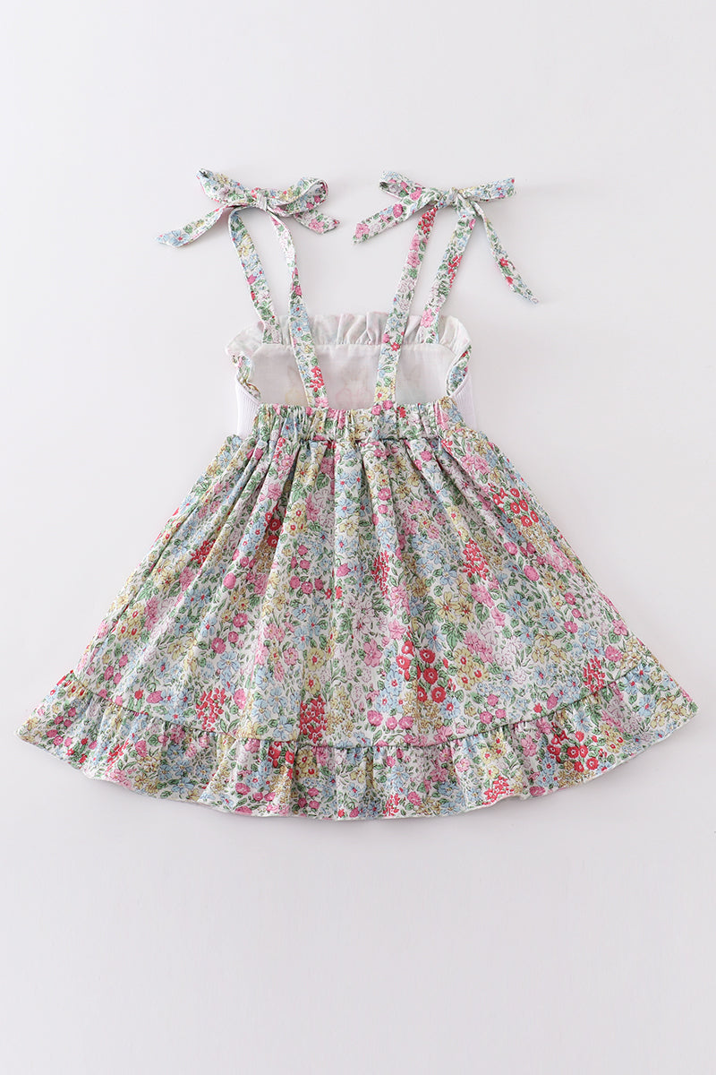 Easter Floral Print Bunny Embroidery Girl Dress