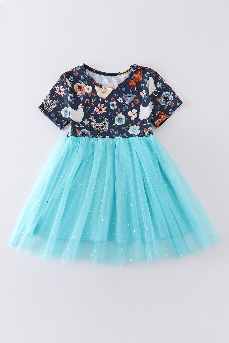 Floral Chicken Print Sequin Tulle Dress