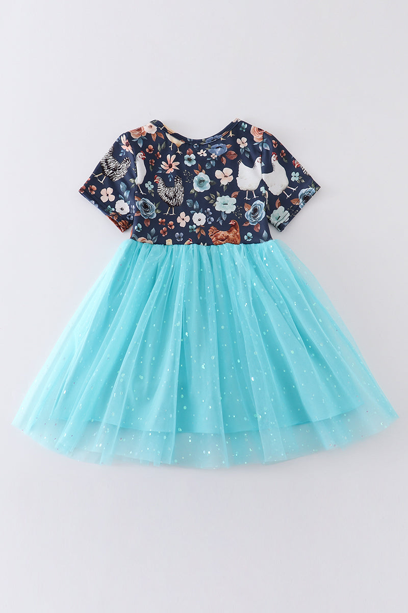 Floral Chicken Print Sequin Tulle Dress