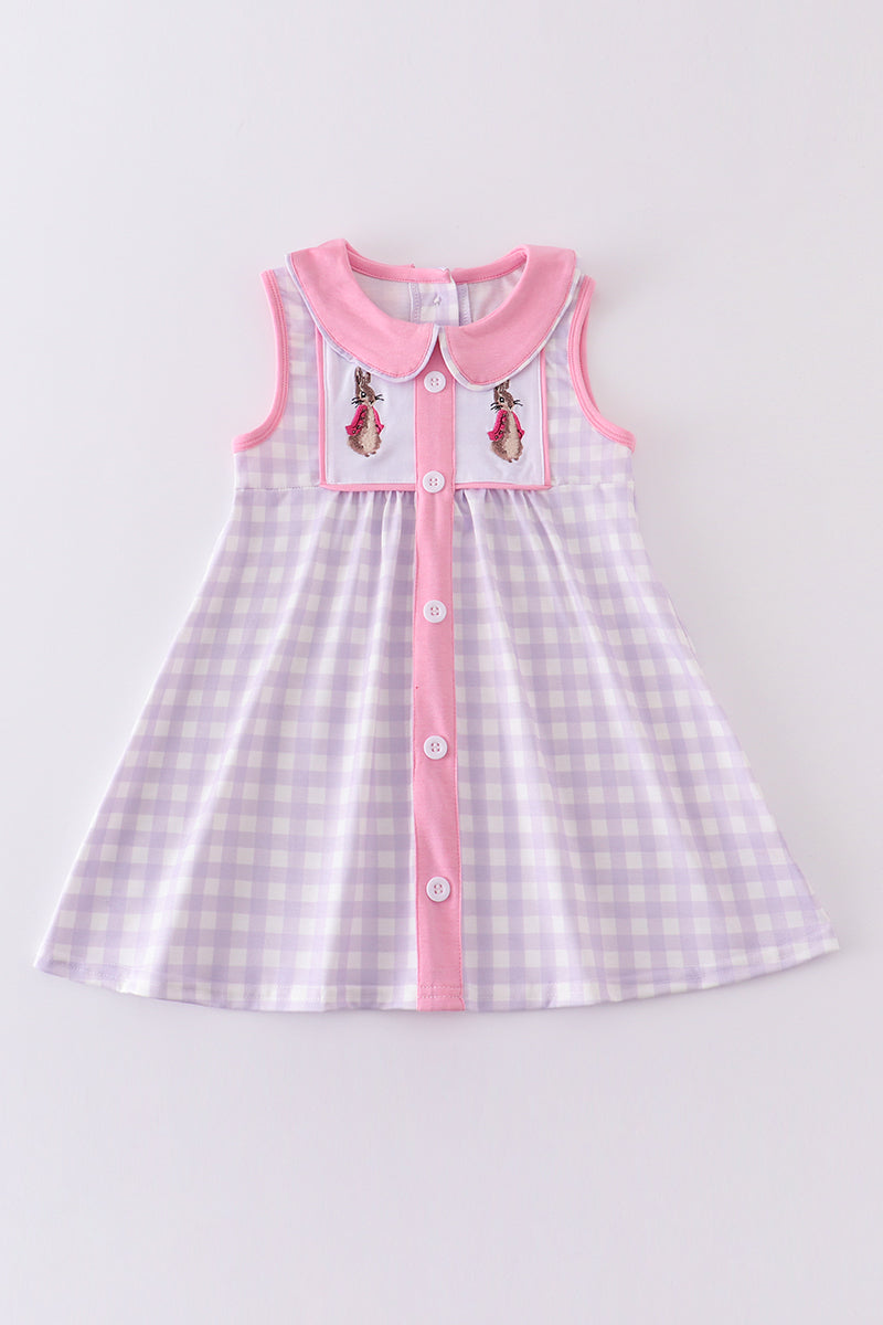 Purple Plaid Bunny Embroidery Dress