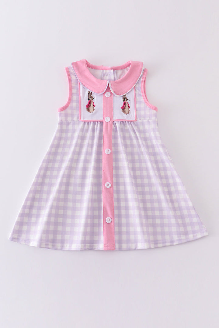 Purple Plaid Bunny Embroidery Dress