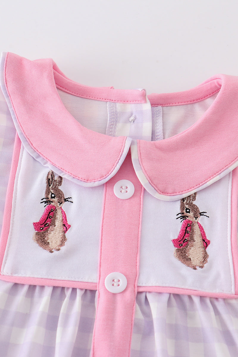 Purple Plaid Bunny Embroidery Dress