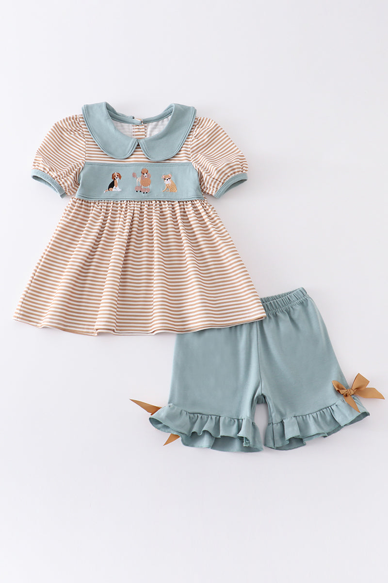 Brown Stripe Dog Embroidery Girl Set