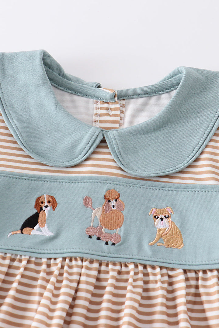 Brown Stripe Dog Embroidery Girl Set