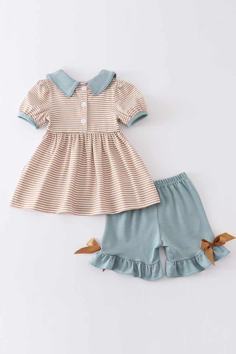 Brown Stripe Dog Embroidery Girl Set