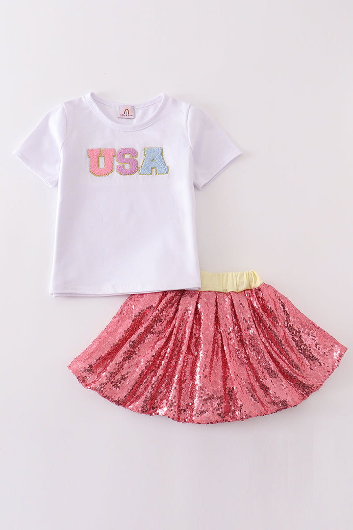 Pink Sequin Usa French Knot Dress Set