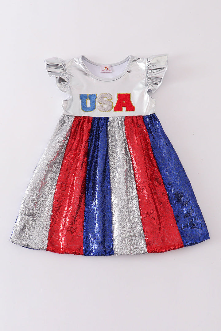 Silver Patriotic Sequin Ruffle Dress