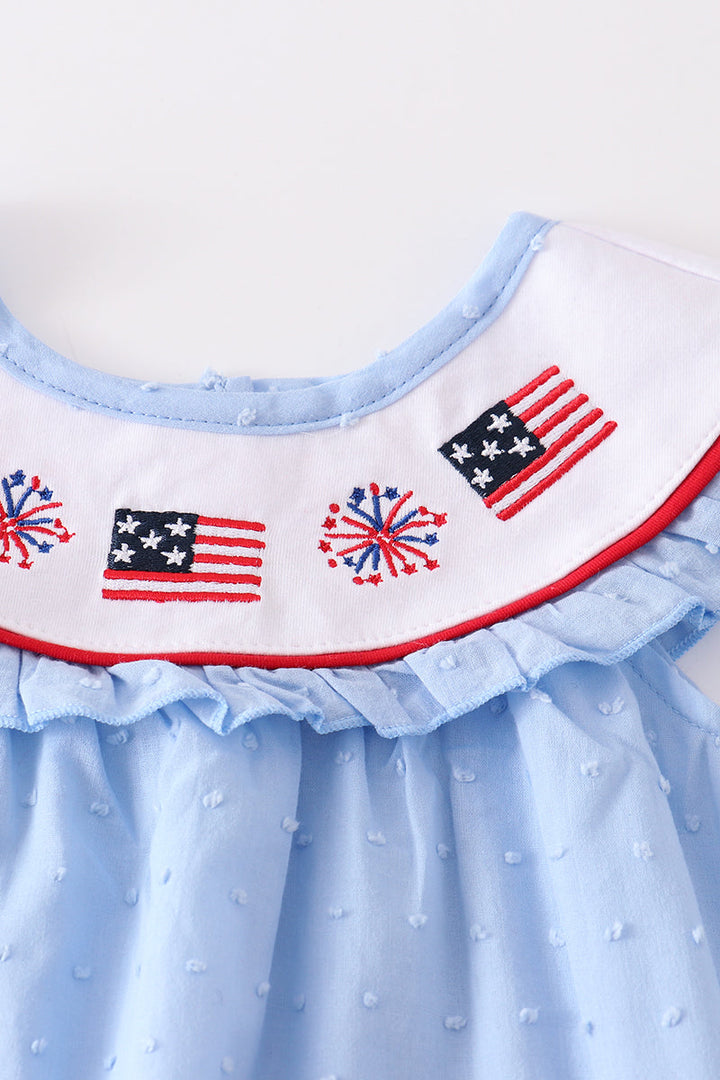 Blue Patriotic Flag Embroidery Swiss Dot Girl Set