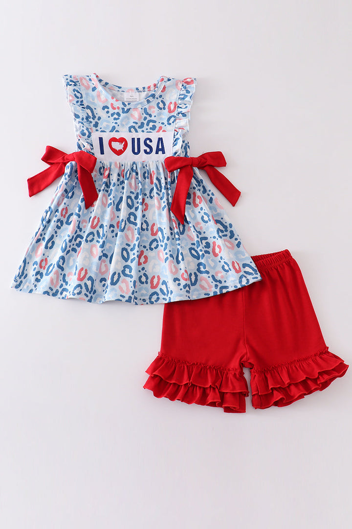 I Love Usa Patriotic Embroidery Girl Set