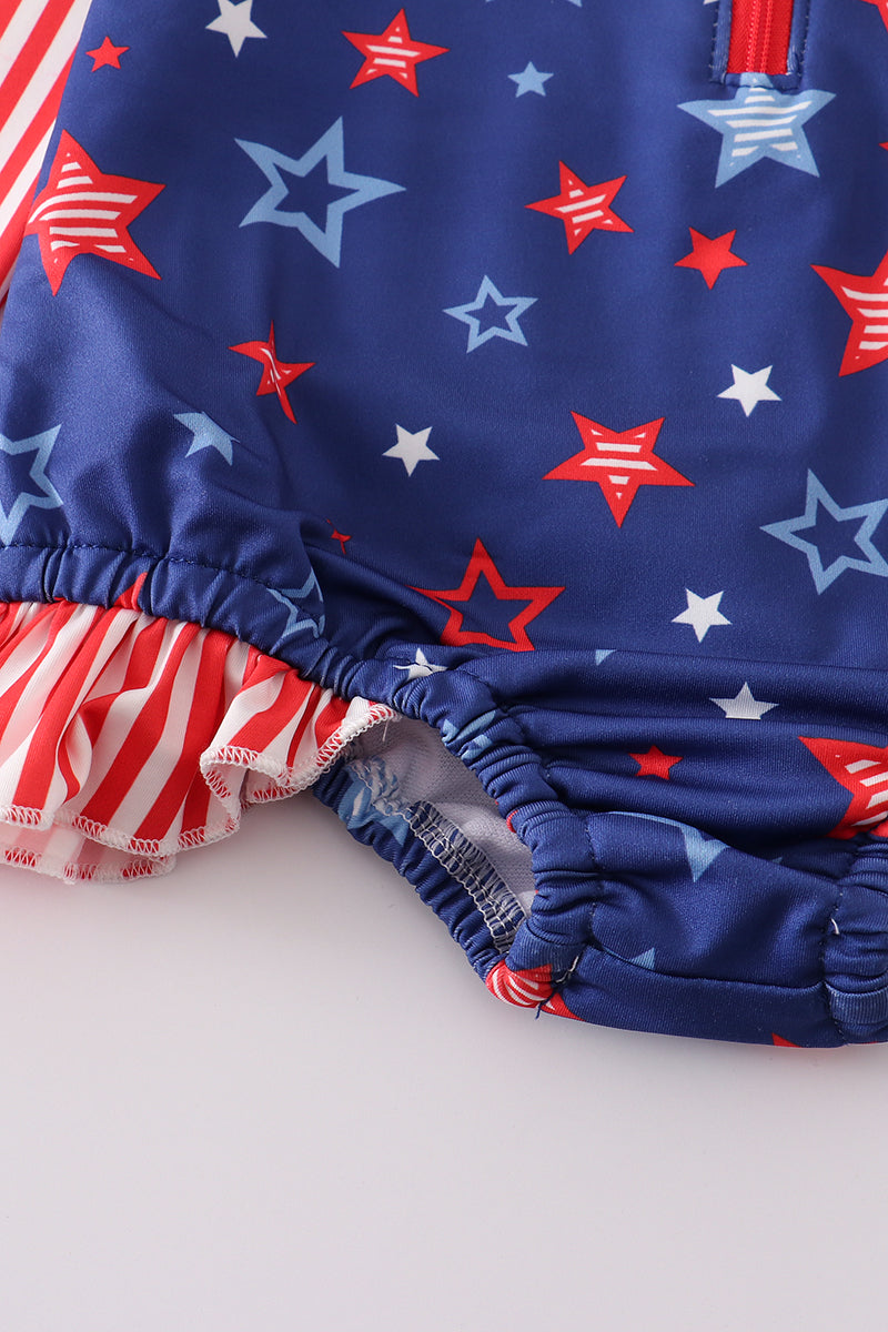 Navy Patriotic Star Print Rashguard Girl Swimsuit