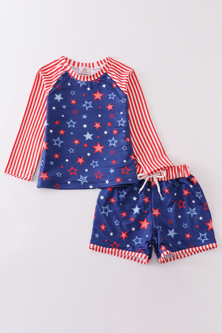 Navy Patriotic Star Print Rashguard Boy 2pc Swimsuit