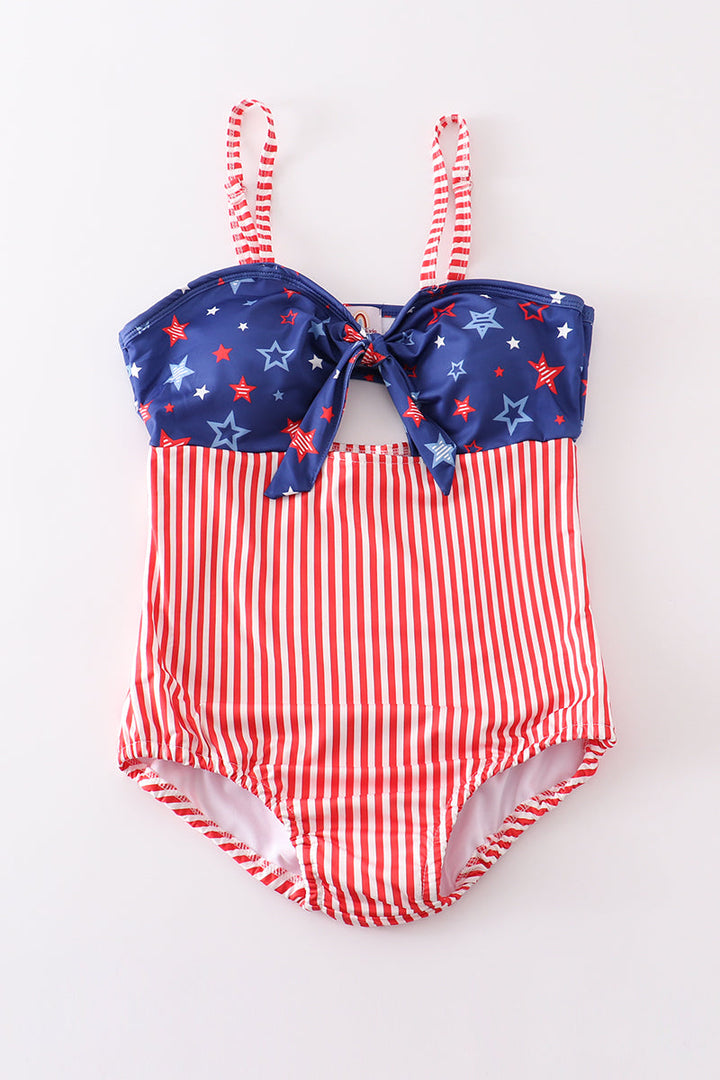 Navy Patriotic Star Print One-piece Women Swimsuit