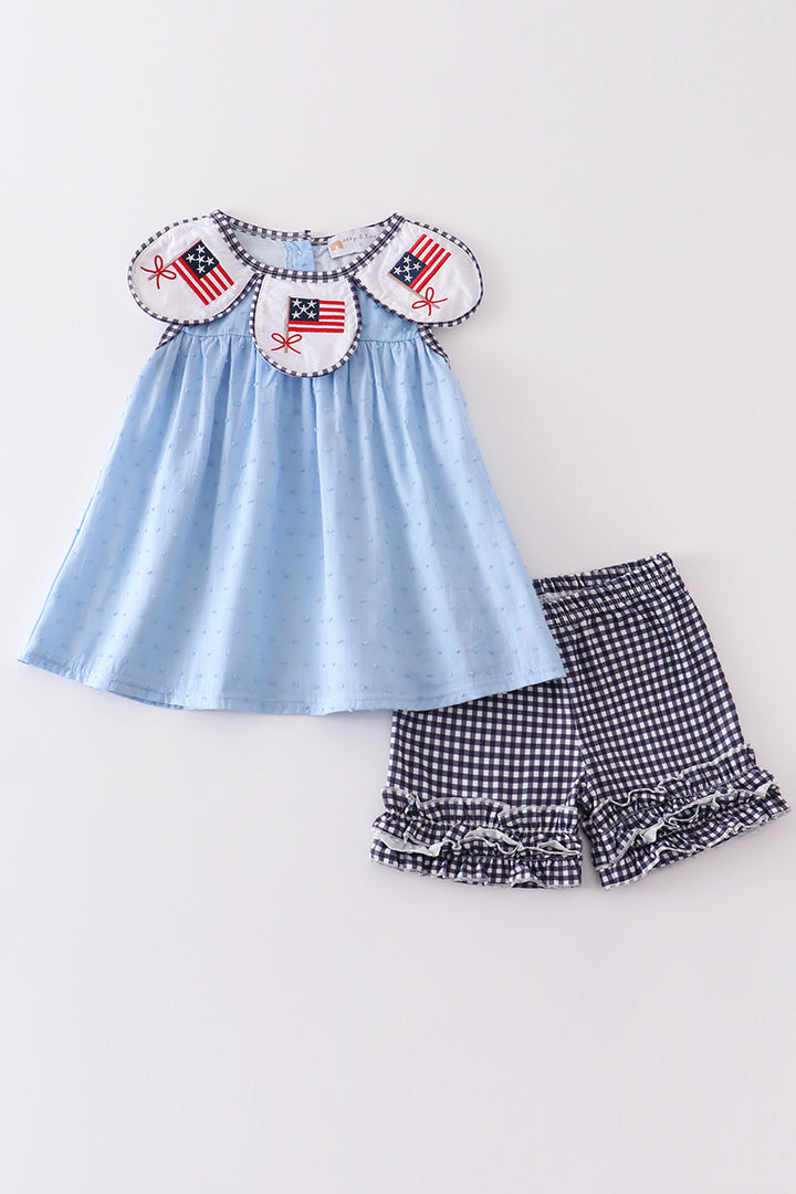 Blue Patriotic Flag Embroidery Swiss Dot Girl Set