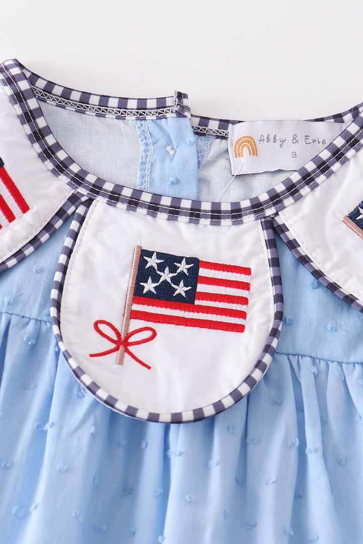 Blue Patriotic Flag Embroidery Swiss Dot Girl Set