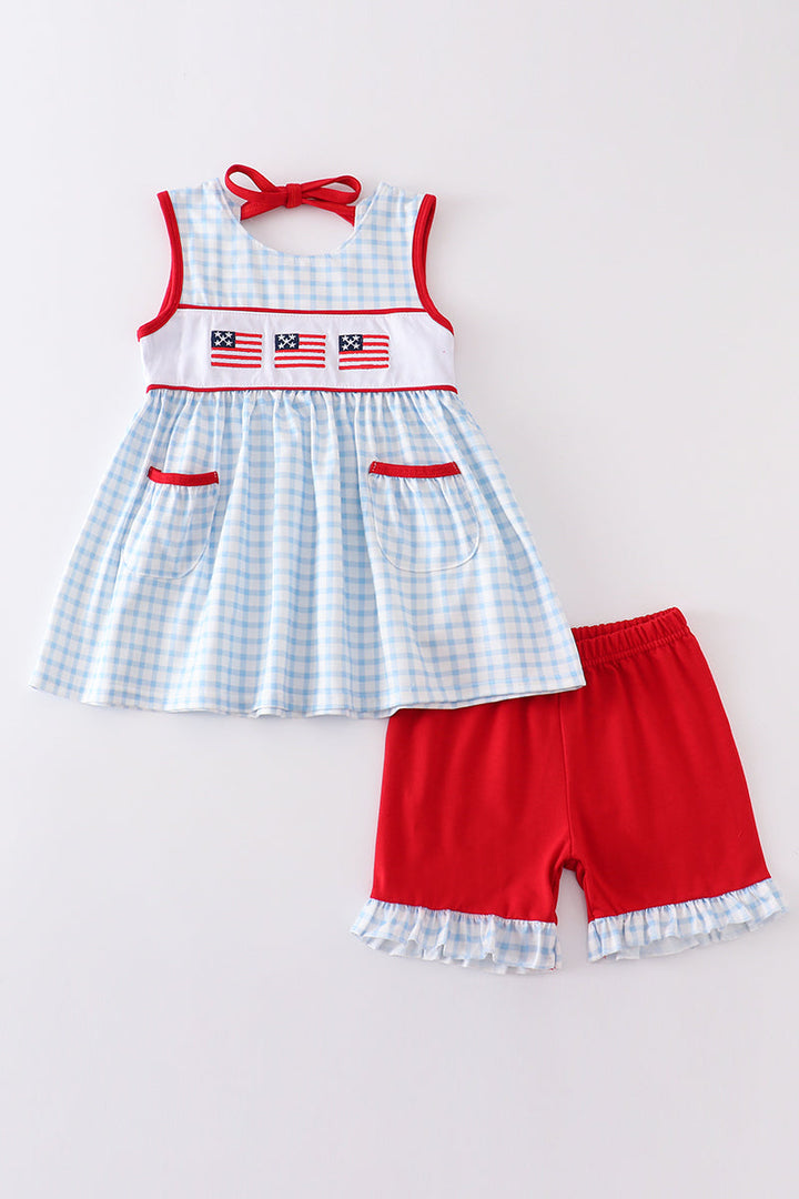 Patriotic Flag Embroidery Plaid Girl Set