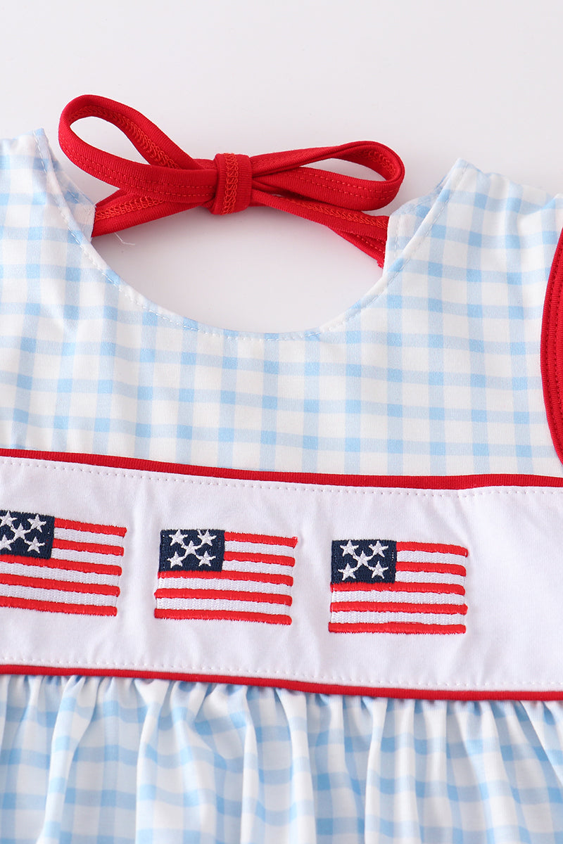 Patriotic Flag Embroidery Plaid Girl Set