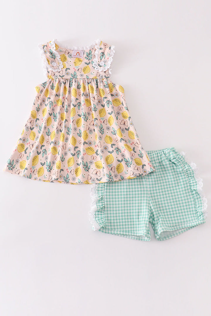 Lemon Print Girl Ruffle Shorts Set