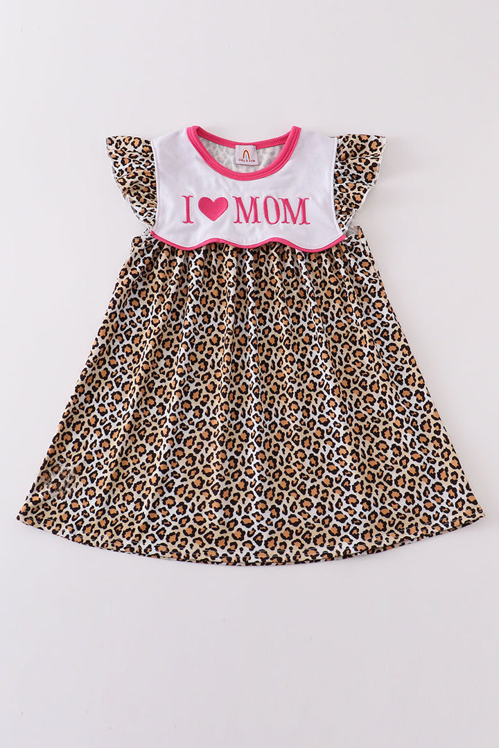 Leopard Print I Love Mom Embroidery Dress