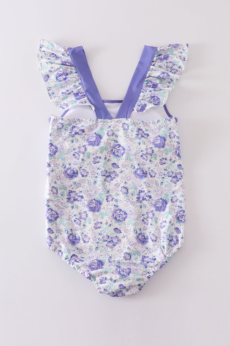 Purple Floral Print Women One-piece Swimsuit