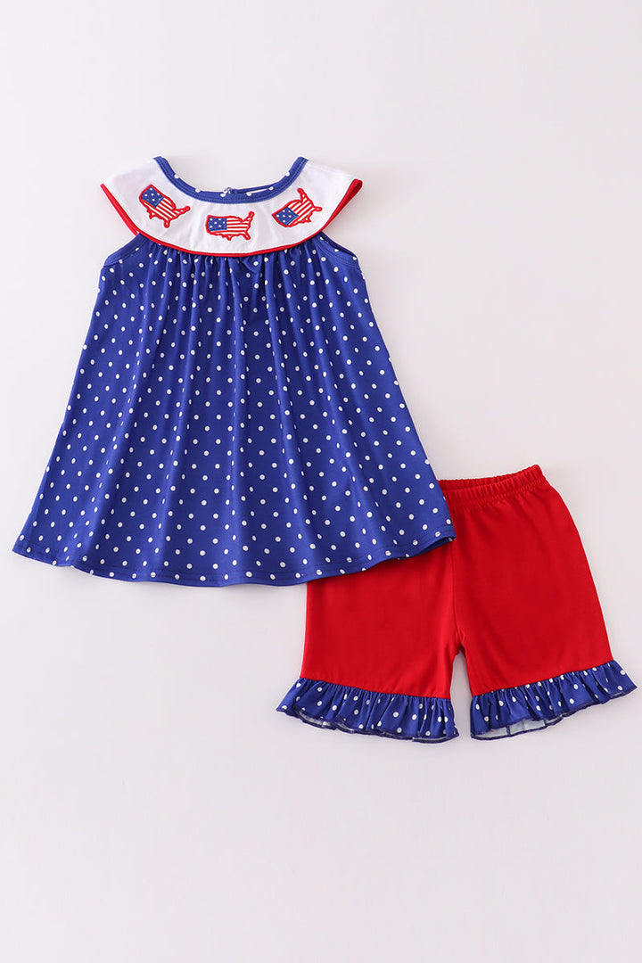 Blue Patriotic Flag Applique Dot Girl Set