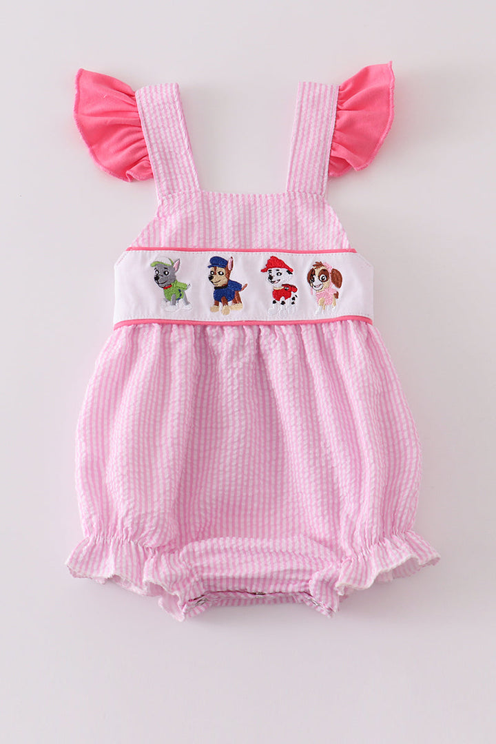 Pink Seersucker Character Embroidery Ruffle Bubble