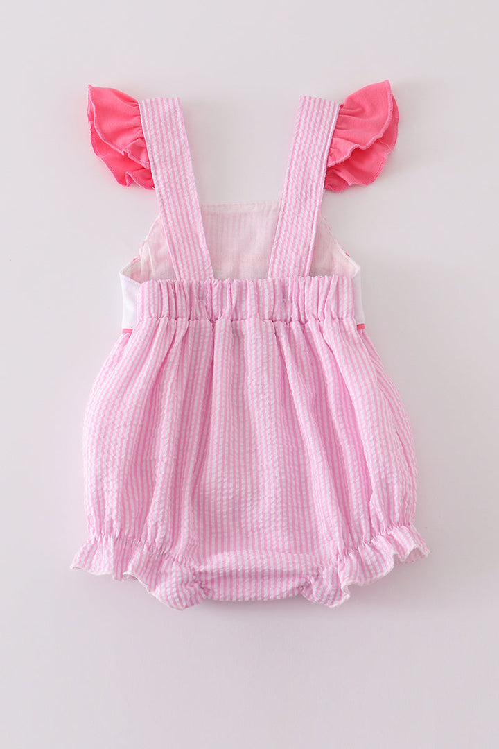 Pink Seersucker Character Embroidery Ruffle Bubble