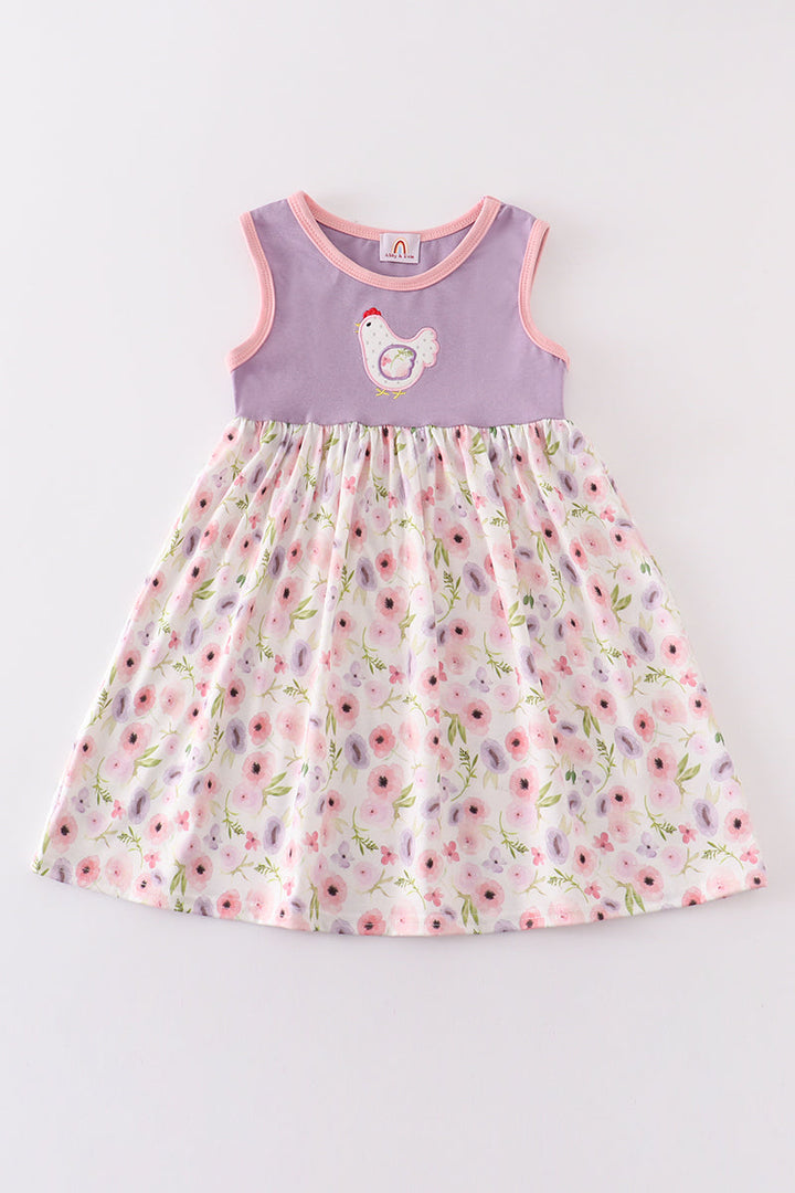 Purple Floral Print Chicken Applique Dress