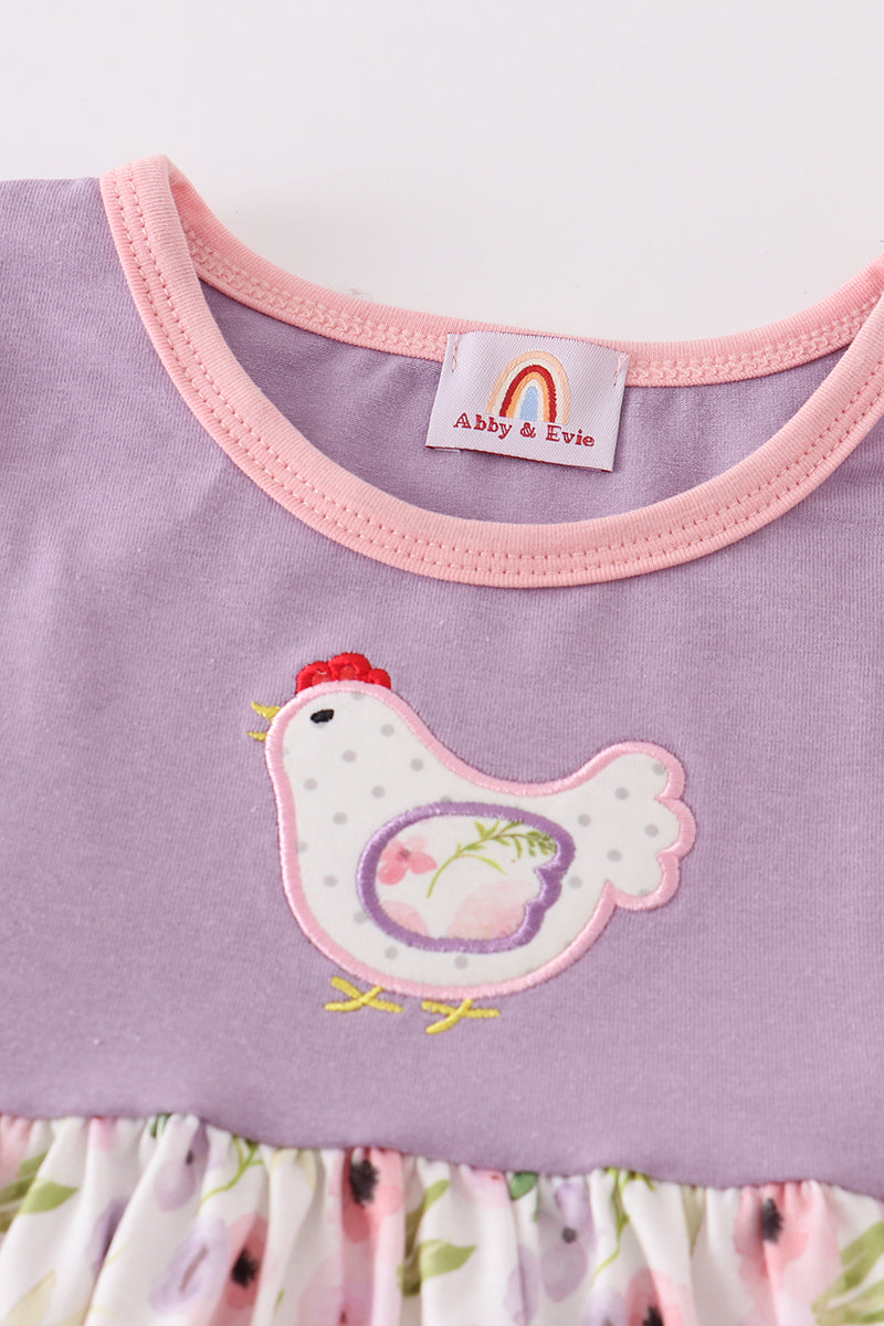 Purple Floral Print Chicken Applique Dress