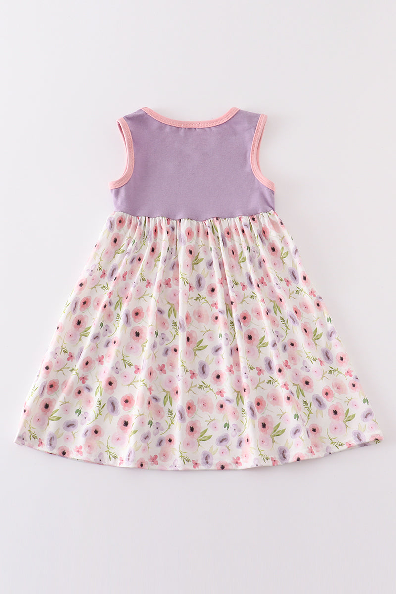 Purple Floral Print Chicken Applique Dress