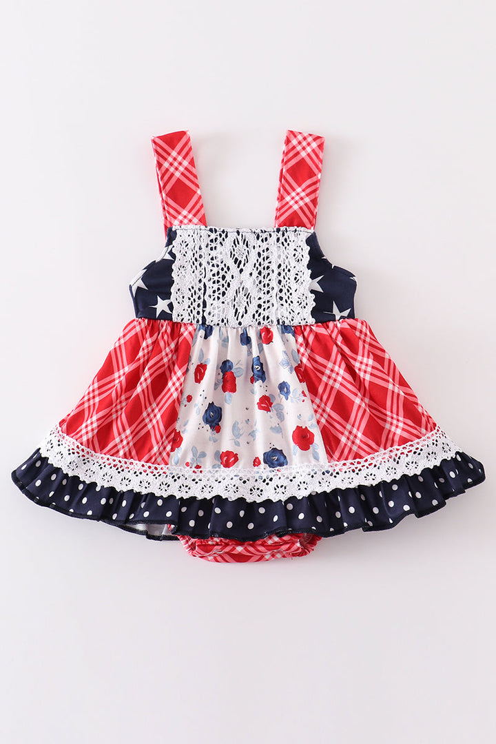 Patriotic Floral Plaid Lace Girl Bubble