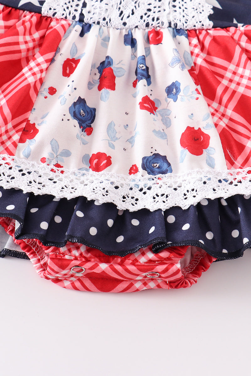 Patriotic Floral Plaid Lace Girl Bubble