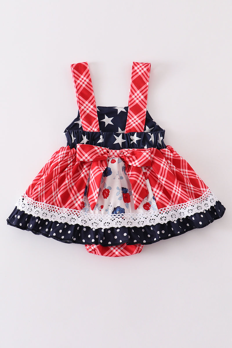 Patriotic Floral Plaid Lace Girl Bubble