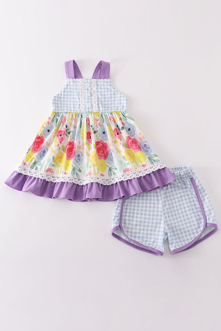 Purple Floral Print Girl Set