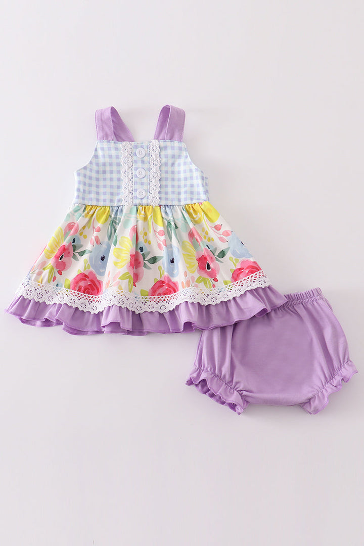 Purple Floral Print Baby Set